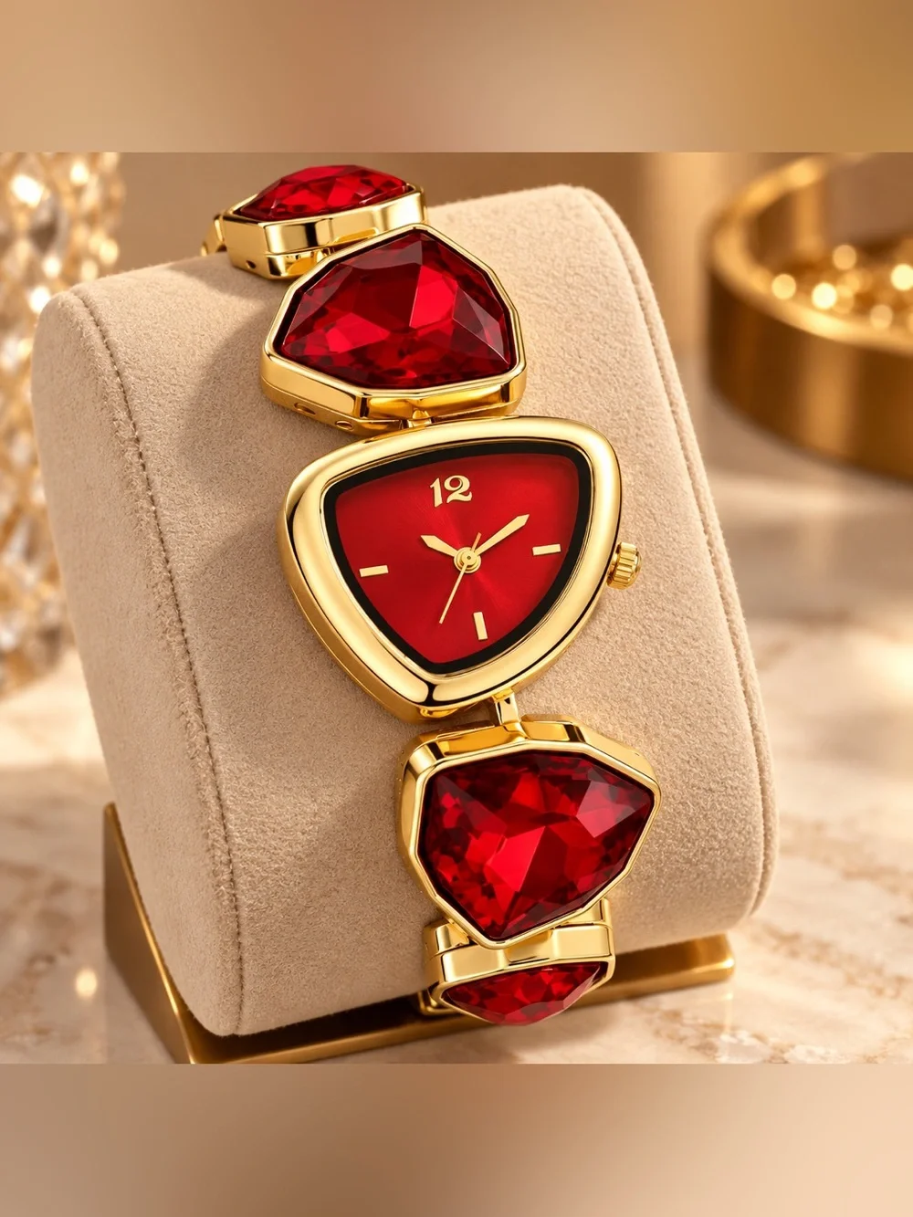 Gold Tone Red Crystal Bracelet Watch Women’s Statement Quartz Jewelry Watch